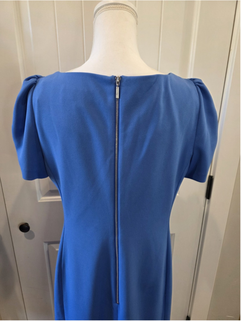 Karl Lagerfeld Womens Short Ruched Sleeve Jewel Blue Neck Sheath Dress Size 12 - Picture 9 of 12
